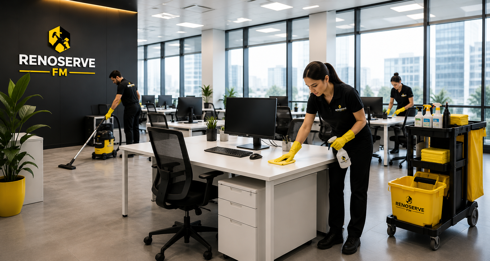 Commercial cleaning team at work